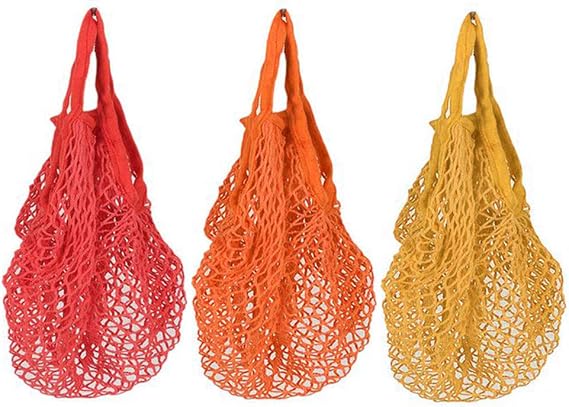 3 Pack Reusable Cotton Mesh String Bags with Handles Net Bags Grocery Shopping Tote Bags Organic Organizer Shopping Handbags for Shopper Produce Storage Beach Toys Fruit Vegetable A