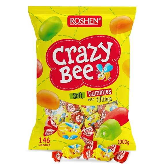 Roshen Crazy Bee Jelly Candy, Assorted Fruit Flavors with Soft Fruit Filling, Bulk 2.2 lbs (1 kg), Approx. 150 Pieces Individually Wrapped Gems, Kosher & Halal, Made with Natural Juice