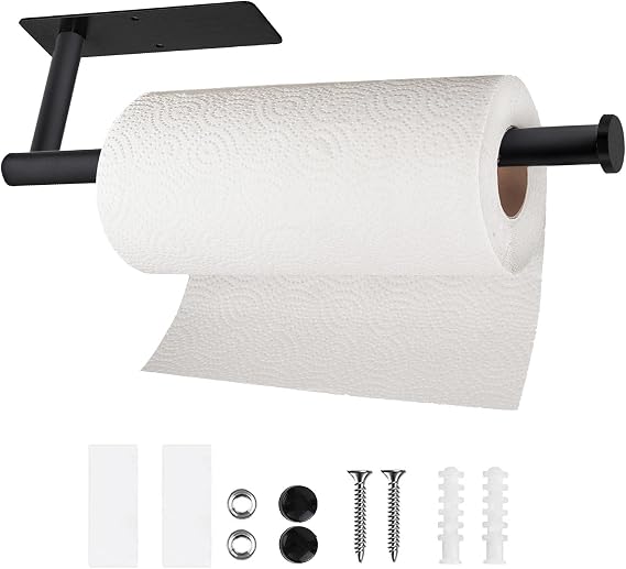 Paper Towel Holders for Kitchen- Under Cabinet Paper Towel Holder Roll Back for Bathroom Towel, Wall Mounted Black Paper Towel Rack 304 Stainless Steel, Adhesive or Drilling Mounting