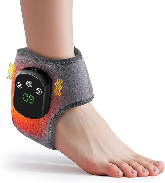 Cordless Ankle Massager with Heat, Rechargeable Ankle Heating Pad Wrap for Pain Relief, Portable Heated Foot Massager for Neuropathy Plantar Fasciitis, 5 Heat Levels 3 Vibration Modes Auto Shut Off