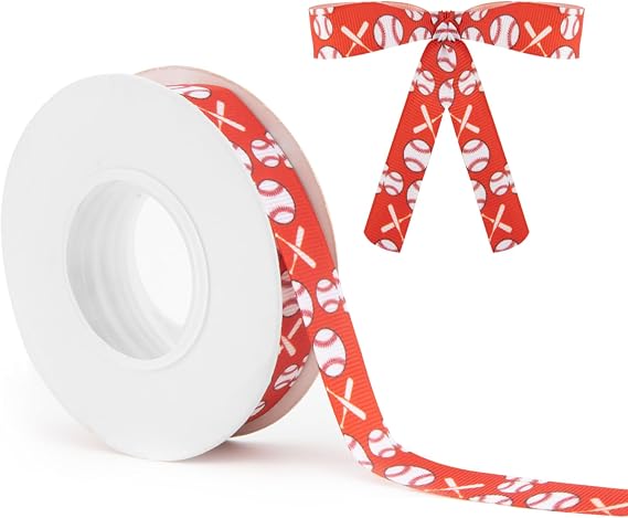 Classic Baseball Ribbon, Polyester Fabric, Red & White Baseball Pattern, 5/8 Inch Wide, 10 Yards, Sports Event Occasion
