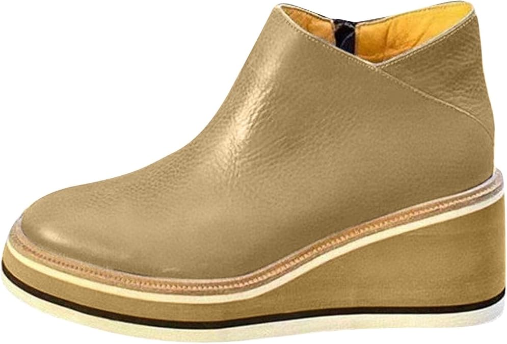 Womens Wedge Ankle Boots Zipper Wedge Leather Booties 2025 Casual Winter Fall Dress Short Chelsea Boots Walking Shoes