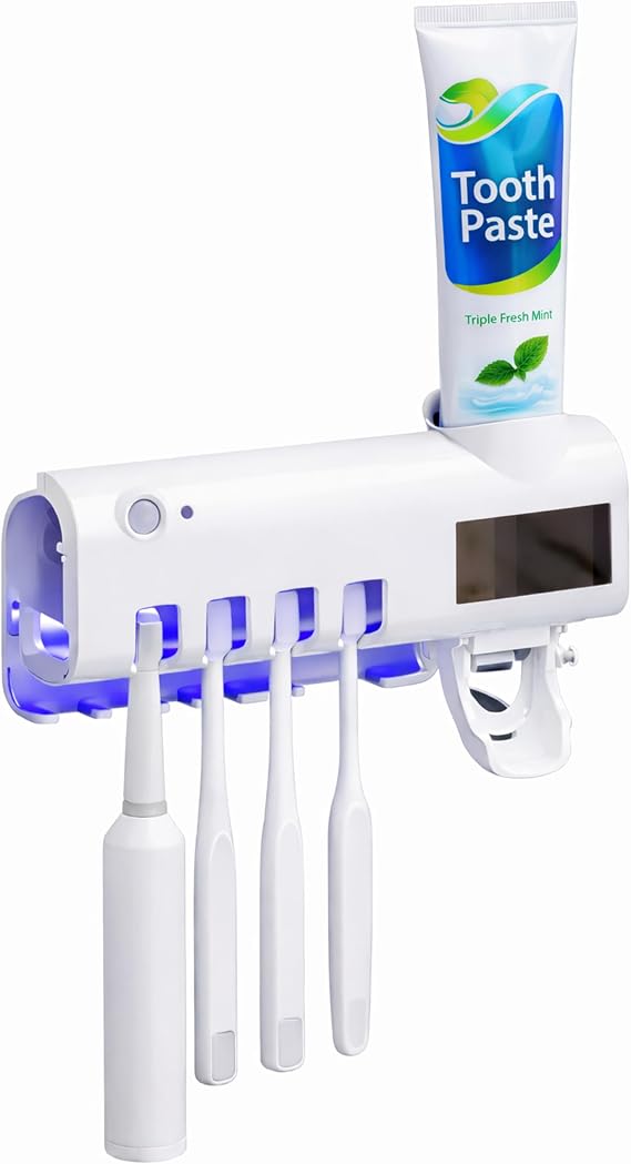 UV Light Sterilizer Toothbrush Holder Cleaner & Automatic Toothpaste Dispenser