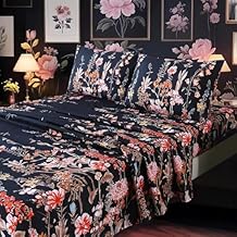 MAG 4Pcs Floral Twin Size Sheet Sets,Black Vintage Bedding Sheet Set,Boho Flower Pattern Bed Sheets Included 1 Fitted Sheet 14'' Deep Pocket + 1 Flat Sheet + 2 Pillowcases,Breathable and Wrinkle.