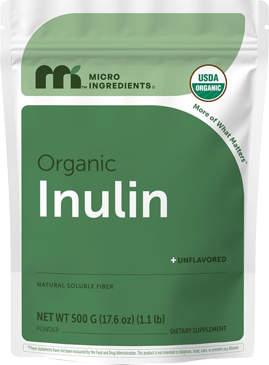 Micro Ingredients Organic Inulin FOS Fiber Powder, 1.1 lb | Quick Water-Soluble Prebiotic | Natural Unflavored Fiber for Yogurt, Smoothies, Drinks | Vegan Friendly, Dissolves Clear, Non-GMO