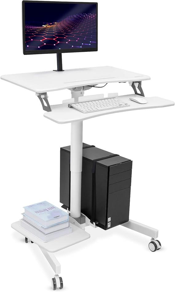 Mount-It! Mobile Computer Cart, Height-Adjustable Rolling Workstation with 28" Desktop, Keyboard Tray, Storage Shelves & Locking Wheels, Mobile Computer Stand for Office, Classroom, or Home