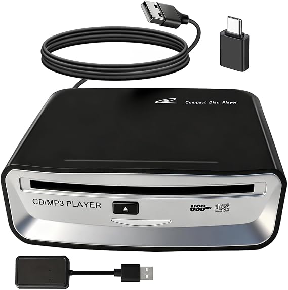 Portable CD Player for Car, External USB Compact Disc Drive for Vehicles Without Built-in Audio, Advanced Anti-Skip & Resume Playback, Dual Connection for Road Trips, Black