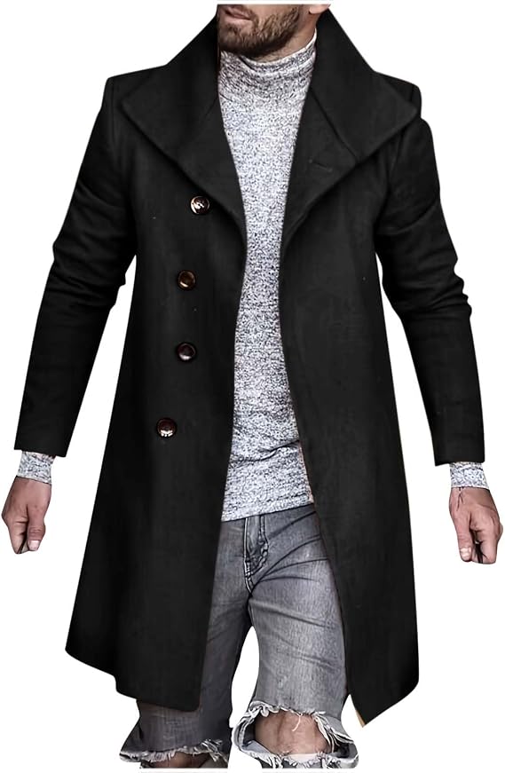 Men's Single Breasted Trench Coat Slim Fit Lapel Cardigan Coat Winter Warm Business Casual Long Jacket Overcoat