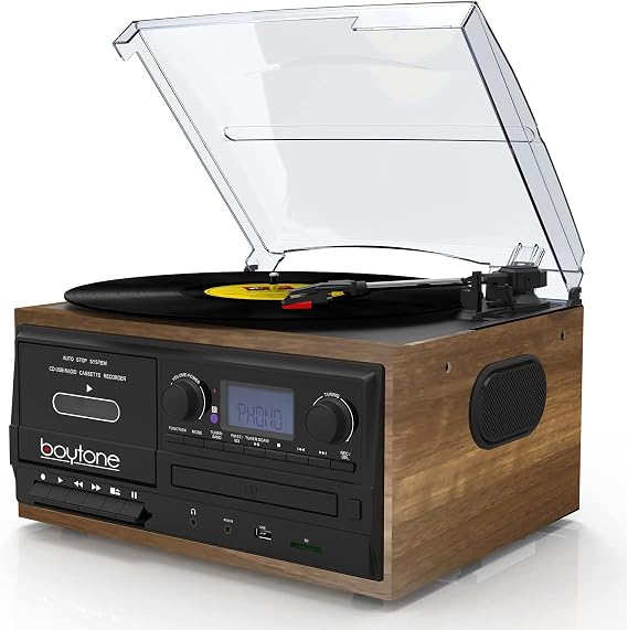 Boytone BT-32W Bluetooth Classic Record Player Turntable All-in-One Bookshelf System with AM/FM Radio, CD/Cassette Player, Stereo Speakers, Record from Vinyl, Radio, and Cassette to MP3, USB/SD, AUX