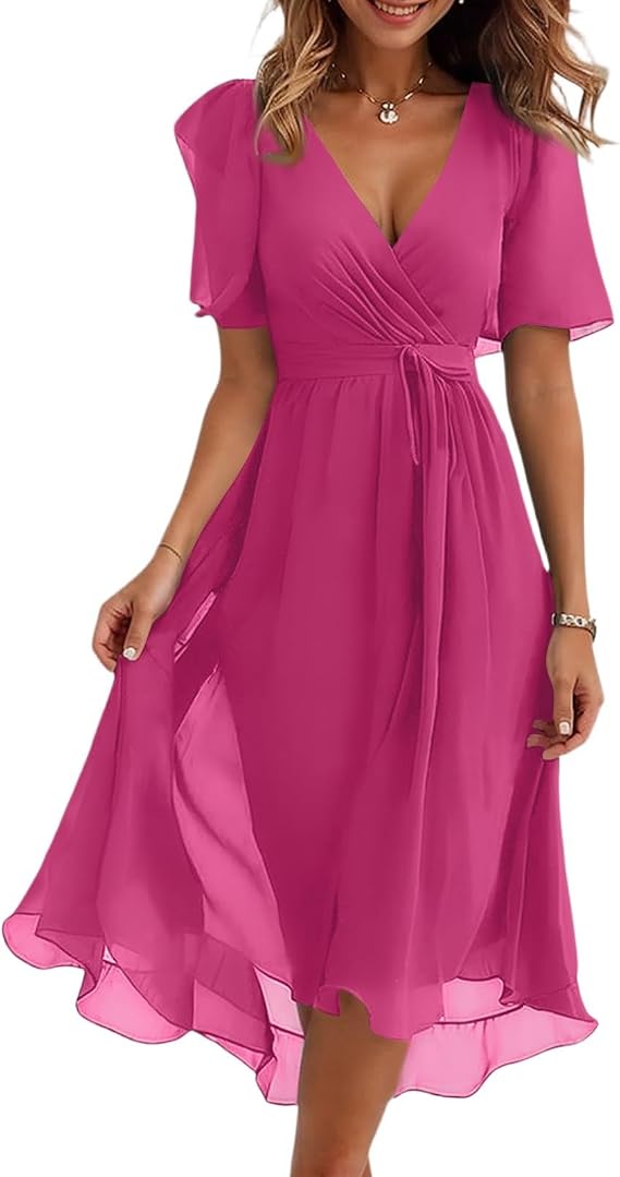 Summer Chiffon Dresses for Women Formal Elegant V Neck Wrap Floral Midi Dress Flowy Ruffle Belted Boho Flutter Sleeve Wedding Guest Dresses Lightweight Casual Fancy Empire Waist Beach Sundress