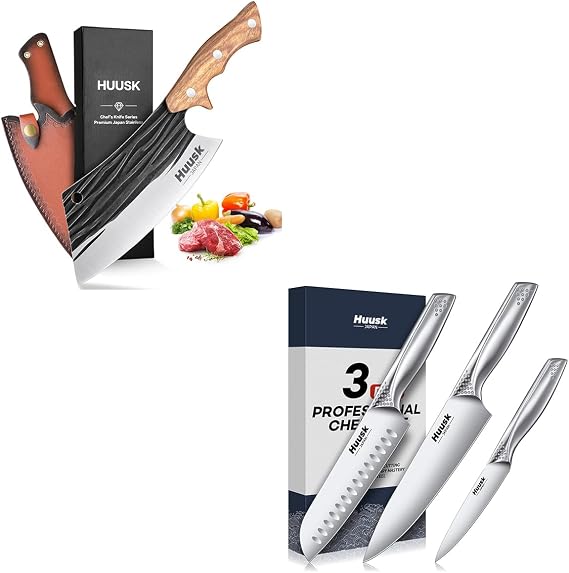 Huusk 3 Pieces Knife Set - Japanese Stainless Steel Kitchen Knife Sets Bundle with a Meat Cleaver Knife with Sheath, Professional Ultra Sharp Chef Knives Set with Ergonomic Handle, Gift for Birthday