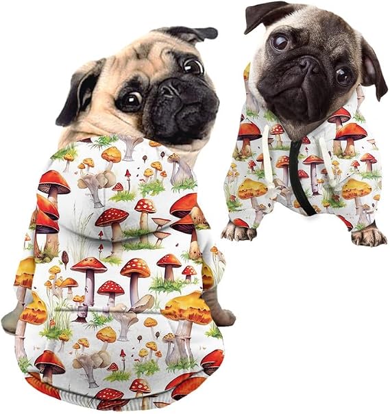 Cartoon Mushroom Dog Clothes for Small Dogs, Forest Mushrooms Dog Hoodie with Zipper, Vintage Botanical Pet Cat Yorkshire Puppy Clothes Sweatshirt Thin Coat - S