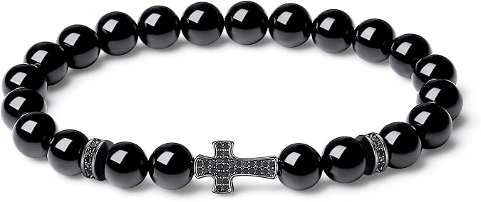 COAI Cross Bracelet for Men Women, Black Tourmaline Tiger Eye Beaded Bracelet for Men Women