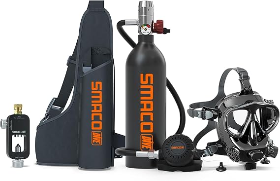 SMACO S400 Mini Scuba Tank 1L with Full Face Snorkel Mask Diving Kit | DOT Certified Aluminum Pony Bottle, Reusable & Lightweight, Full Face Mask, for Shallow Water Diving Snorkeling & Backup Air