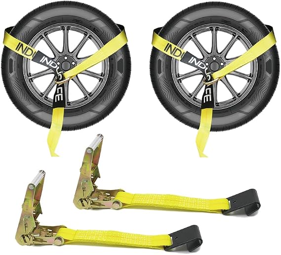 2 Pack Car Tie Down Straps for Trailers Flat Hooks Lasso Style and 2'' X 96'' Tie Down Webbing Easily Secure Tire Tie-Downs for Any Car, SUV, Jeep or Sports Car Upgraded Version