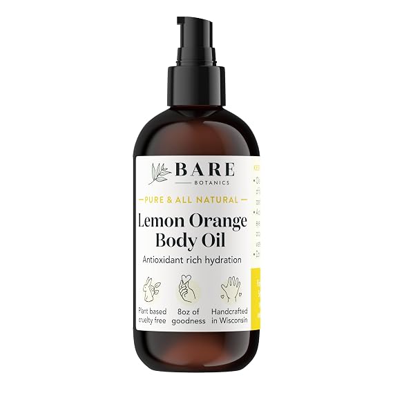 BARE BOTANICS 8oz Lemon Orange Body Oil - Natural Skin and Hair Oil | 100% Pure and Natural | Vegan and Cruelty Free | Naturally Scented | For Skin and Nails
