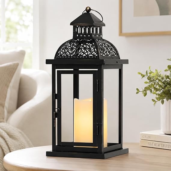 No Glass Lanterns Decorative Indoor & Outdoor, 15'' Candle Lantern Decorative Christmas Indoor Outdoor Decor, Vintage Metal Hanging Lanterns with LED Candle for Patio, Front Porch,Yard, Table