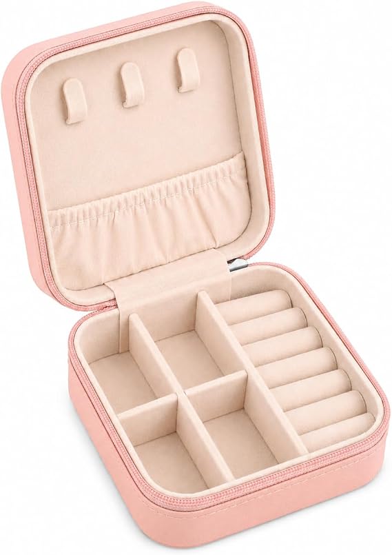 Travel Jewellery Box, Mini Jewellery Box for Women, Jewellery Organiser, Portable Small Jewellery Storage Case for Bracelets Earrings Rings Necklace - Best Gift for Women Girls (Pink)