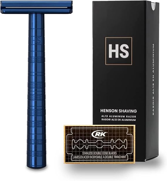 Authentic Product/Manufacturer IncludedHenson Shaving AL13 Shaver Medium Steel Blue with 5 Replacement Blades, Deep Shaving Model Recommended for those who want high durability and deep