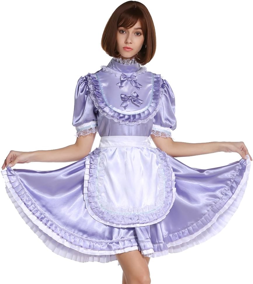 Women Hi Neck Frilly Maid Lockable Lavender Satin Dress Costume Crossdress