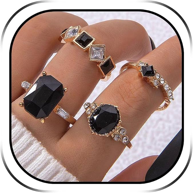 Black Obsidian Ring Stackable Gold Tone Oval Black Stone Statement Ring for Women Party Date Night Jewelry Gift