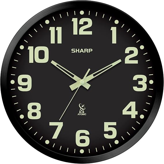 Sharp 12-Inch Atomic Wall Clock, Battery Operated, Glow in Dark | Self-setting atomic time; Easy-read analog face; Automatic time adjustment; Simple setup; Versatile home or office style