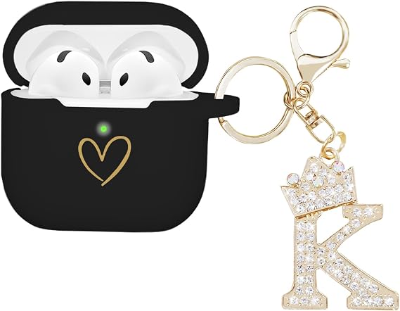 Compatible AirPods 4 Case Cover 2024, Soft Silicone Case with Gold Heart Pattern for AirPods 4th Generation with Rhinestone Studded Letter A-Z Keychain (K Black)