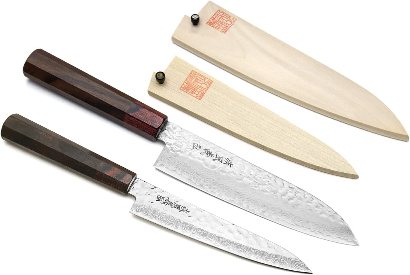 Yoshihiro 46 Layers Hammered Damascus Santoku Multipurpose Knife and Petty Utility Knife Set Santoku 7 180mm & Petty 6 150mm, Rosewood Handle