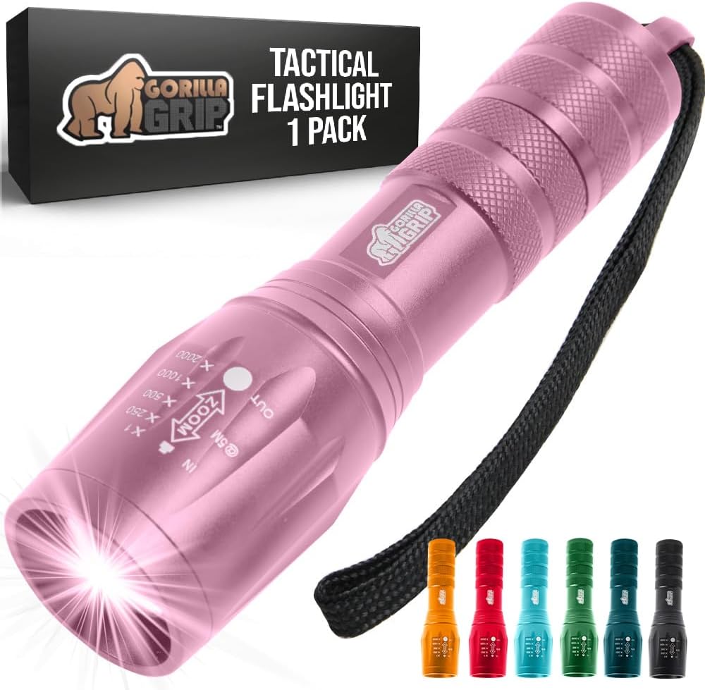 Gorilla Grip Powerful LED 750ft Waterproof 5 Modes Tactical Flashlight, High Lumen Ultra Bright Battery Life Zoom Flashlight, Small Camper Mini Flashlight Accessories, Pink