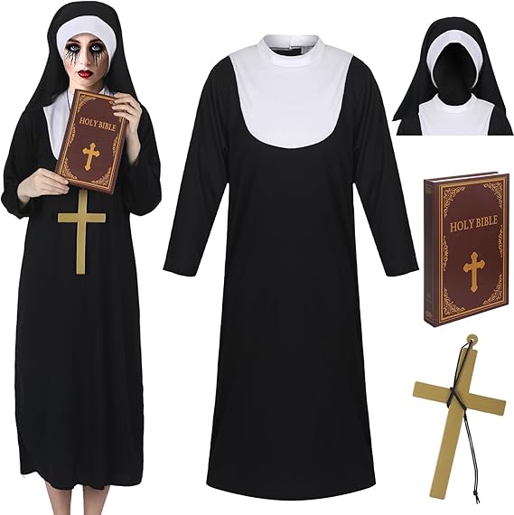 Leumoi 4 Pcs Halloween Nun Costume Women Traditional Nun Outfit with Cross Bible Book Model for Halloween Party