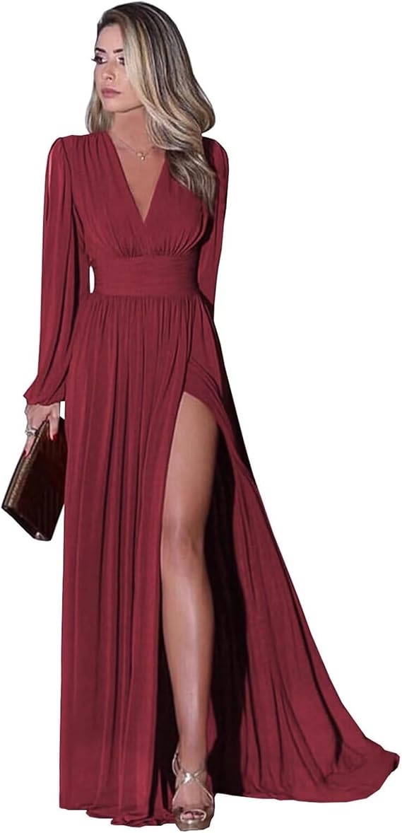 Long Sleeve Bridesmaid Dresses with Slit - Women's V Neck Wedding Guest Dress Pleated A Line Long Formal Evening Dress