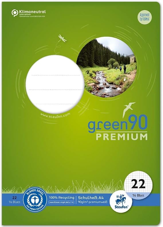Staufen 040782022 Green notebook, ruling 22, DIN A4, 16 sheets, 90 g/m2, 5 mm squared, 1 piece.