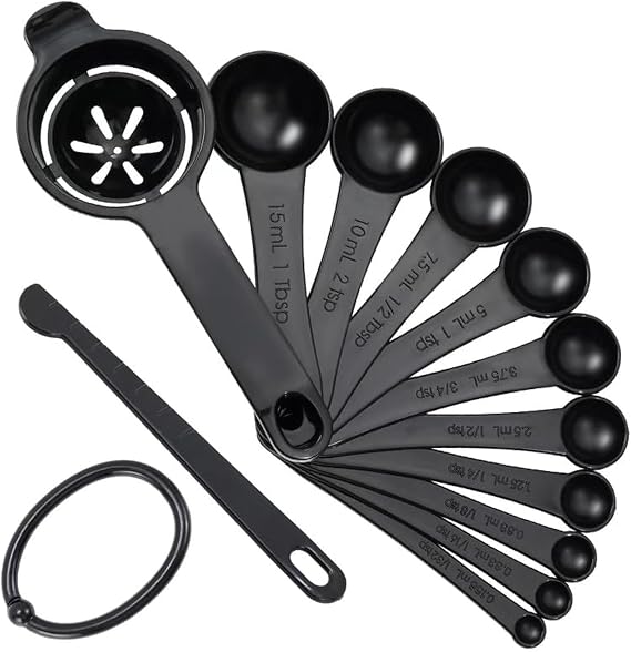 DOTINGHUX Measuring Spoons, Plastic Measuring Spoons Set with Egg Separator 12-Piece,Black