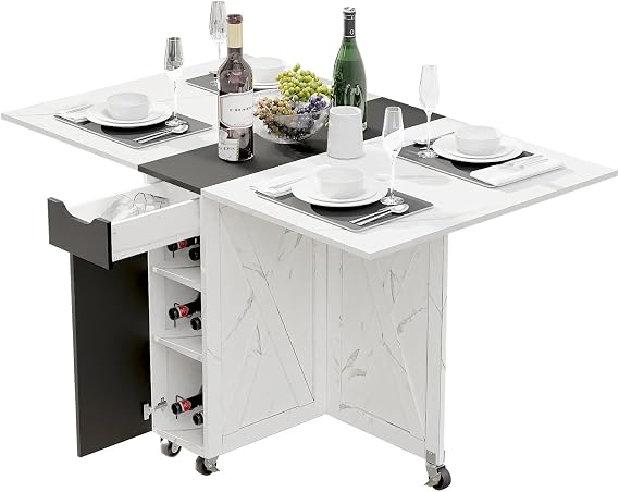 Folding Dining Table, Kitchen Table with 6 Wheels(White Marble & Black)