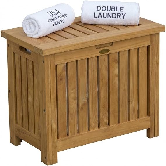 EcoDecors 23x12.5x18.5" Teak Laundry Hamper Bench, Natural | Combines a wooden storage bench with a double laundry hamper, adding seating, organization, and timeless style to your home.