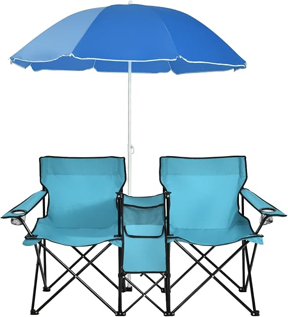 MAT EXPERT Folding Double Camp Chair w/Removable Umbrella, Portable Picnic Chair w/Mini Table, Chair Set w/Beverage Holder, Portable Loveseat Camp Chairs for Beach, Backyard, Poolside (Turquoise)