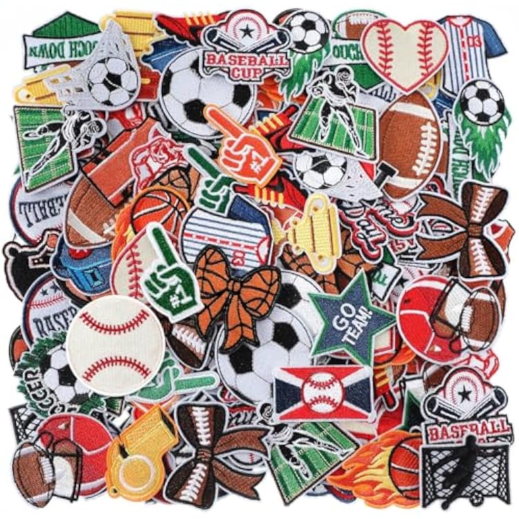 HunnmingRe 72 Pcs Sports Iron on Patches Embroidered Football Baseball Soccer Basketball Patches Iron on Hat Patches Mixed Sport Appliques Sew on for Hat Backpack Pants Jeans Clothes DIY Crafts