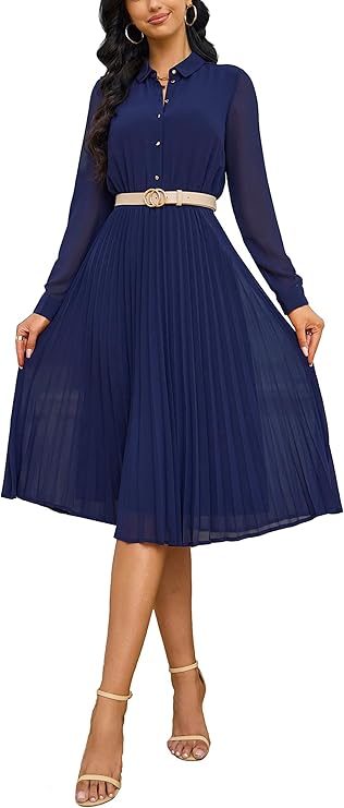 Women's Work Dress with Belt, Business Casual Midi Shirt Dresses | Long Sleeve,Button Down Collared Chiffon Modest Dress for Office,Business,Church,Funeral,Wedding Guest,Flowy Pleated Skirt
