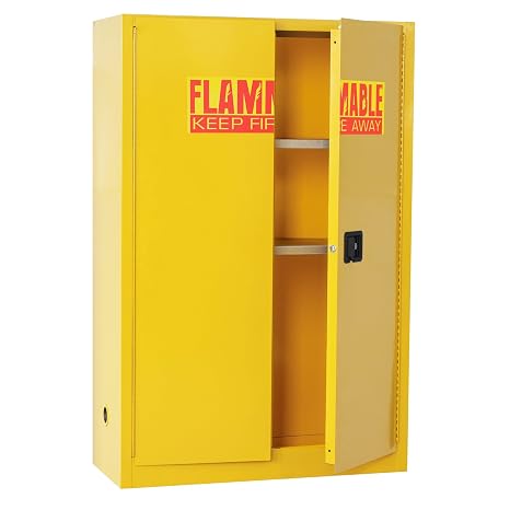 Sandusky Lee SC450F Yellow Steel Safety Cabinet for Flammable Liquids, 2 Shelves, 2 Door Manual Close, 45 Gallon Capacity, 65" Height x 43" Width x 18" Depth