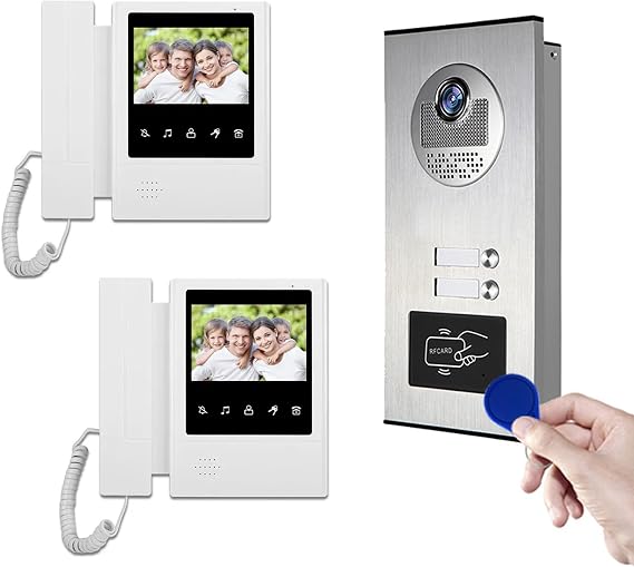 ANJIELO SMART Video Intercom System for Apartment,2 Units 4.3 inch Monitor Wired Video Door Phone Kit,Indoor Outdoor Doorphone Telephone Style, (1doorbell+2monitor)