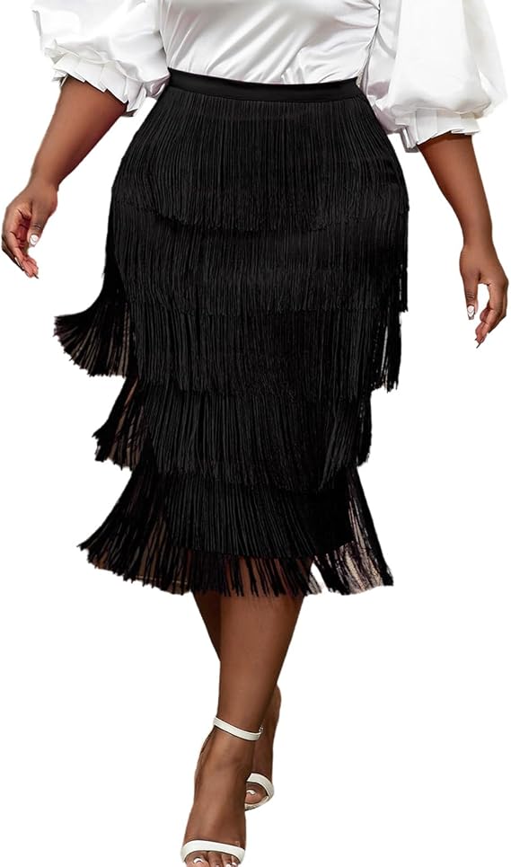 AOMEI Women's High Waist Fringe Tiered Bodycon Pencil Midi Skirt