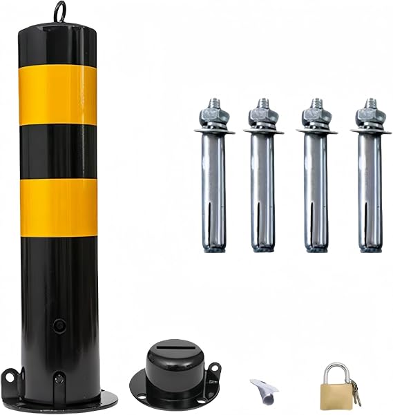 Parking Pole, Parking Barrier, Anti-Collision Bolard, Lane Separation Pole, Ground Lock, Parking Pole, Thick Hand, Steel, Cylindrical, Stamping Base, Removable Base, Durable Ring, Punch, Easy