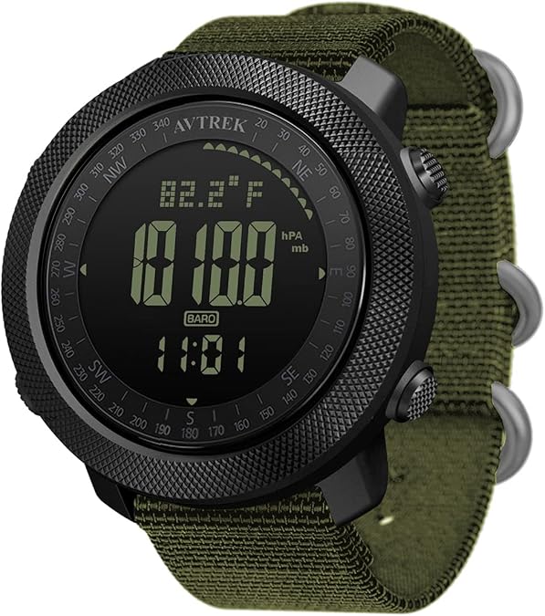 AVTREK Digital Hiking Sport Watch for Men Tactical Military Altimeter Watch | Large Rugged Dial, Compass, Altimeter, Barometer, Pedometer, 50M Waterproof, Solid Nylon Strap, Army, Outdoor, Training
