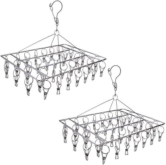 2 Pack Stainless Steel Sock Drying Rack with 72 Clips, Swivel Wind-Proof Hook Clothes Hanger Dryer for Sock, Underwear, Bra, Laundry Accessories