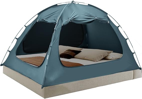 Bed Tent for Full Size Bed, 3-Door Canopy with 80% Blackout & Breathable Mesh, Portable Private Sleeping Tent for Adults, Kids - Easy Setup Bedroom Privacy & Nap Space (Lake Blue)
