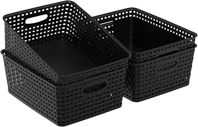 Plastic Weave Storage Basket, Organizer Shelf Basets, 4 Packs