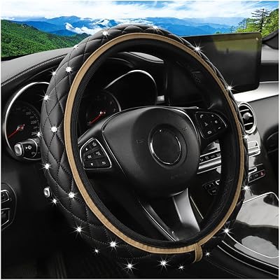 Bling Car Steering Wheel Cover, Non-Slip Elastic Stretch Leather Auto Steering Wheel Protector, Sparkling Diamond Vehicle Decor Accessories for Women Girls, Universal for Vehicles Beige