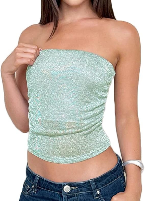 Women Sexy Strapless Sparkly Glitter Mesh Crop Tube Top Off Shoulder Backless See Through Metallic Bandeau Tank
