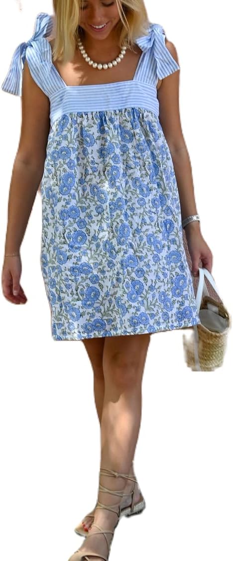 Women Y2K Tie Shoulder Mini Dress Bow Babydoll Ruffle Short Dress Summer Boho Floral Flowy Beach Sundress (Blue, S)