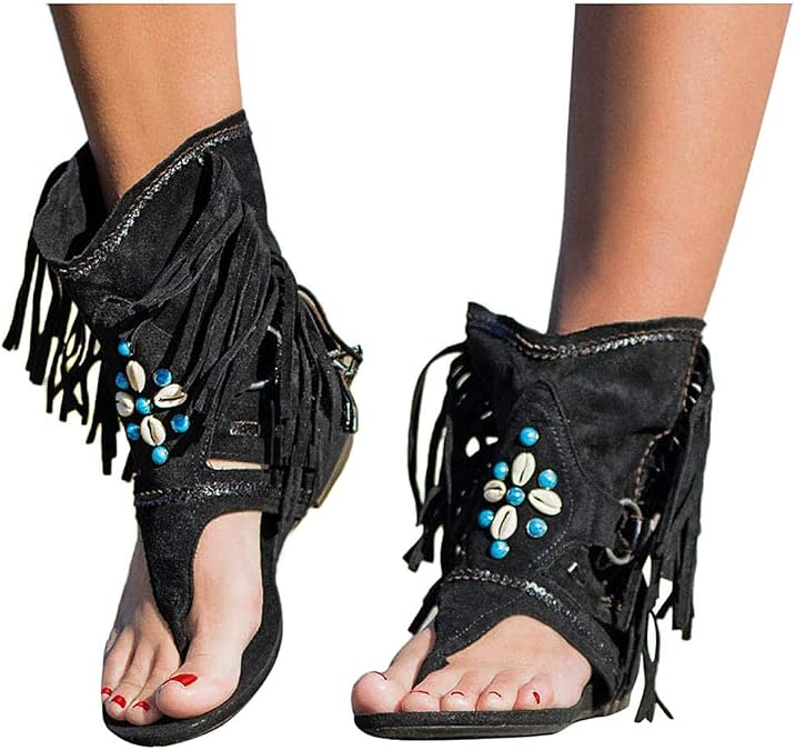 BORAMAX Womens Gladiator Fringe Thong Flat Sandals Bohemian Beach Sandals